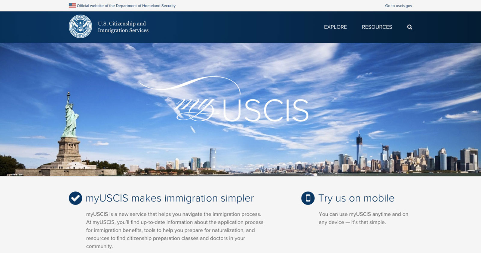 A screenshot of the MyUSCIS homepage.